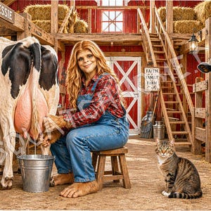 Puede incluir: Una escena de granja caprichosa representa a un Sasquatch orde&ntilde;ando una vaca llamada Bessie. El Sasquatch lleva una camisa a cuadros y un mono vaquero. Un gato atigrado est&aacute; sentado cerca. El granero tiene un exterior rojo y un letrero que dice "Faith Family Farm".