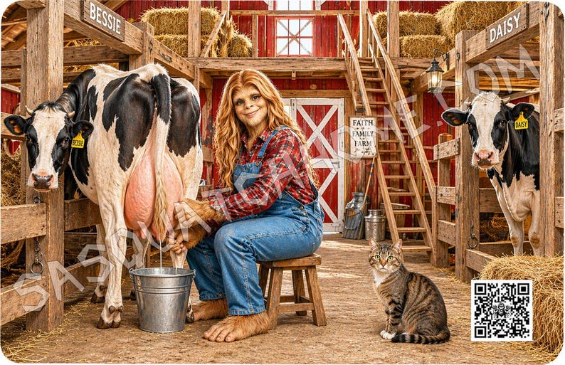 Puede incluir: Una escena de granja caprichosa representa a un Sasquatch orde&ntilde;ando una vaca llamada Bessie. El Sasquatch lleva una camisa a cuadros y un mono vaquero. Un gato atigrado est&aacute; sentado cerca. El granero tiene un exterior rojo y un letrero que dice "Faith Family Farm".