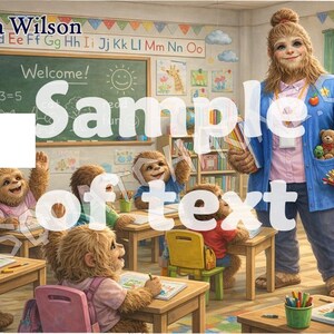 May include: Illustration of a classroom scene with sloth-like characters. A teacher in a blue jacket stands before students at desks. The chalkboard reads "Welcome!" and "2+3=5". The text "Sample of text" is overlaid on the image.