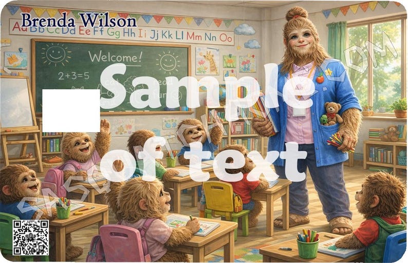 May include: Illustration of a classroom scene with sloth-like characters. A teacher in a blue jacket stands before students at desks. The chalkboard reads "Welcome!" and "2+3=5". The text "Sample of text" is overlaid on the image.