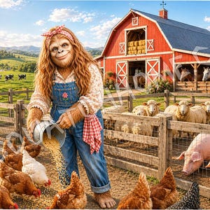 Puede incluir: Una escena de granja caprichosa con una figura de Sasquatch con overoles alimentando pollos. Un granero rojo, ovejas, cerdos y caballos est&aacute;n en el fondo. La imagen tiene un c&oacute;digo QR en la esquina superior izquierda y un entorno rural soleado.