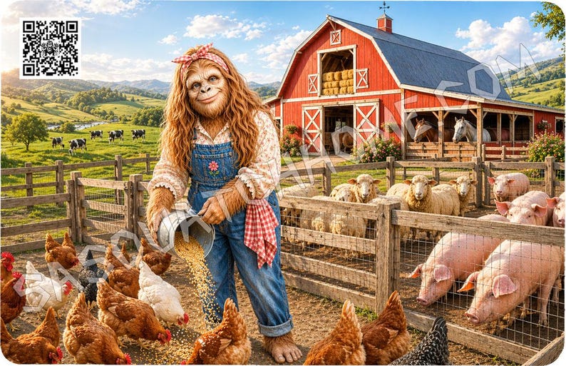 Puede incluir: Una escena de granja caprichosa con una figura de Sasquatch con overoles alimentando pollos. Un granero rojo, ovejas, cerdos y caballos est&aacute;n en el fondo. La imagen tiene un c&oacute;digo QR en la esquina superior izquierda y un entorno rural soleado.
