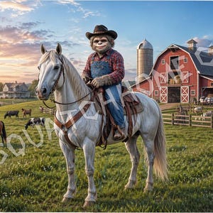 Puede incluir: Una impresi&oacute;n de arte digital representa a un vaquero Sasquatch montado en un caballo blanco en un entorno rural. La escena incluye un granero rojo, ganado pastando y un molino de viento bajo un cielo al atardecer. La imagen tiene un c&oacute;digo QR.