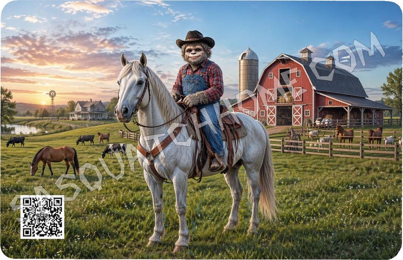 Puede incluir: Una impresi&oacute;n de arte digital representa a un vaquero Sasquatch montado en un caballo blanco en un entorno rural. La escena incluye un granero rojo, ganado pastando y un molino de viento bajo un cielo al atardecer. La imagen tiene un c&oacute;digo QR.