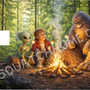 May include: A whimsical scene depicts a boy, an alien, and a Bigfoot around a campfire, roasting marshmallows. The forest background adds to the outdoor theme. The image includes the text "SASQUATCHHOME.COM".