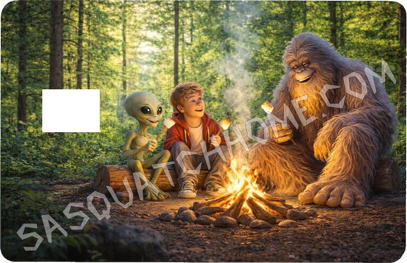 May include: A whimsical scene depicts a boy, an alien, and a Bigfoot around a campfire, roasting marshmallows. The forest background adds to the outdoor theme. The image includes the text "SASQUATCHHOME.COM".