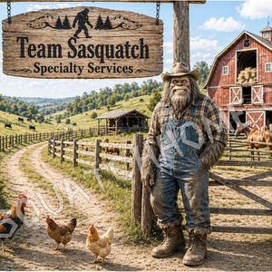 Puede incluir: Una escena r&uacute;stica con un letrero que dice "Team Sasquatch Specialty Services". Una figura de Sasquatch con overoles de mezclilla y sombrero de vaquero est&aacute; cerca de un granero rojo. Tambi&eacute;n se ven gallinas y caballos en el paisaje rural.