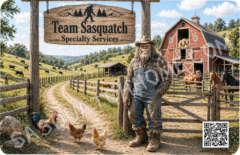 Puede incluir: Una escena r&uacute;stica con un letrero que dice "Team Sasquatch Specialty Services". Una figura de Sasquatch con overoles de mezclilla y sombrero de vaquero est&aacute; cerca de un granero rojo. Tambi&eacute;n se ven gallinas y caballos en el paisaje rural.