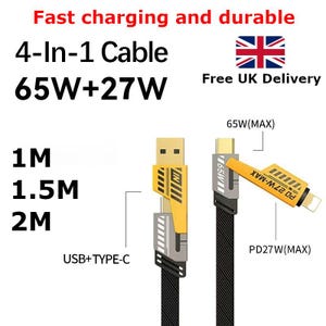 Könnte beinhalten: Ein schwarzes 4-in-1-Ladekabel mit USB- und Typ-C-Anschlüssen. Das Kabel ist mit 65W+27W gekennzeichnet und in Längen von 1m, 1,5m und 2m erhältlich. Der Text "Fast charging and durable" wird oben angezeigt.