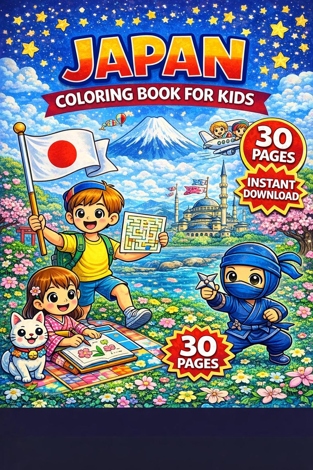 Japan Coloring Book for Kids, Printable PDF, 30 Pages, Ages 3-8, Cute ...