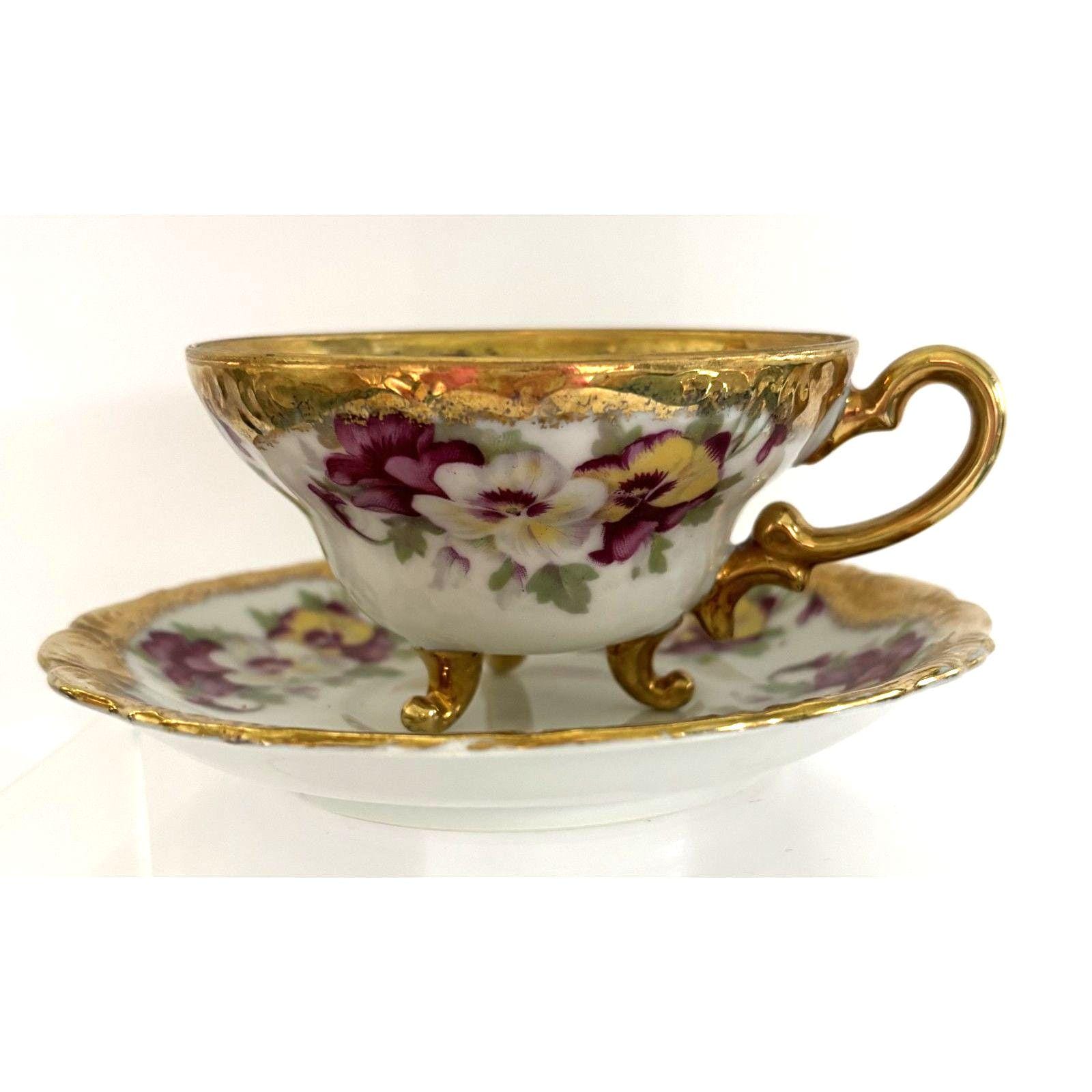 Lot 3 Tasses Et Soucoupes Rétro Sofafils - Porcelaine Fleurie Violette Liseret Doré - Occasion