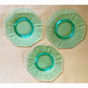 Set of 3 Uranium Glass Octagonal Salad Plates UV Reactive Vaseline Glass