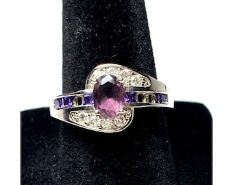 Sterling Silver 925 Amethyst CZ Ring Purple Multi Stone Band Size 7 VTG Style
