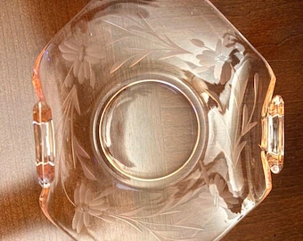 VTG Pink Etched Glass Candy Dish Handled Floral Depression Serving Trinket