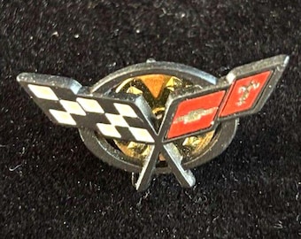Vintage Chevrolet Corvette Crossed Flags Lapel Pin Enamel Chevy Logo Badge