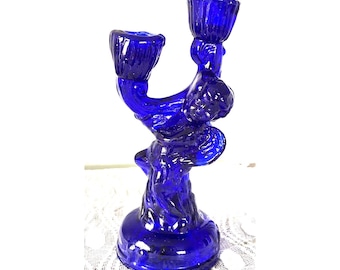 VTG Cobalt Blue Glass Cherub Double Candlestick Hand Signed Figural Holder Art