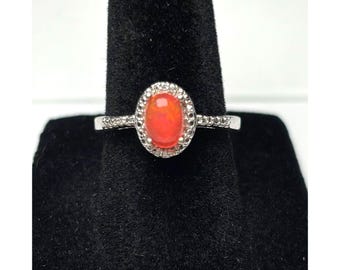 Sterling Silver 925 Opal Ring Orange Fire Opal Halo Ring Size 7 Dainty VTG Style