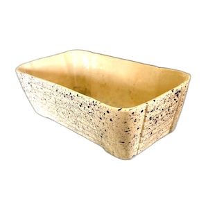 May include: A rectangular ceramic dish with a cream-colored base and a speckled pattern of small black dots across the exterior. The vessel features slightly rounded corners and a smooth, glossy finish, with a plain, light-colored interior surface.