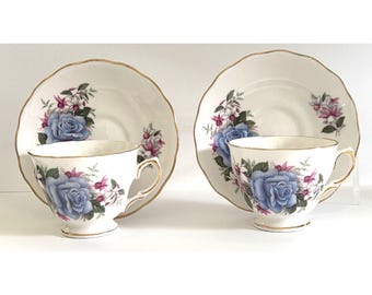 VTG Royal Vale Bone China Teacup & Saucer Set Blue Rose England Gold Floral Pair