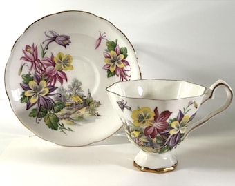 Royal Stafford Aquilegia Theekop en schotel Bone China Engeland bloemen cottage goud