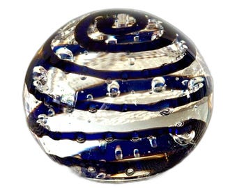 VTG Hand Blown Art Glass Paperweight Cobalt Blue Spiral Ribbon Controlled Bubble