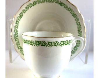 Vintage English Castle Bone China Teacup Saucer Green Vine Gold Trim England