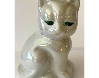 VTG Iridescent Ceramic Cat Figurine Green Eyes Lusterware Kitty Mid Century