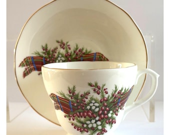 VTG Glen Appin Scotland Christmas Teacup Saucer Tartan Holly Bone China Holiday
