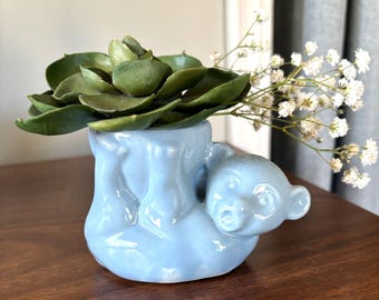 VTG Blue Bear Planter Tree Ceramic Planter Woodland Nursery Decor Small Animal