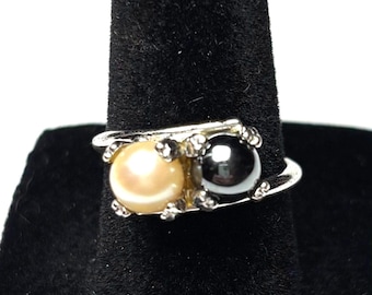 Anillo Toi Et Moi de plata de ley con perlas, color blanco y negro, talla 7, 2 piedras, regalo.