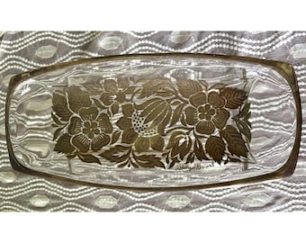 VTG Georges Briard Glass Gold Floral MCM Serving Tray Barware Dish Grannycore