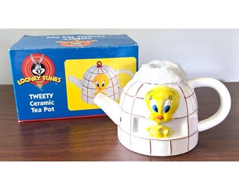 VTG Looney Tunes Piety Bird Keramik Teekanne Original Box Vogelkäfig Warner Bro NOS
