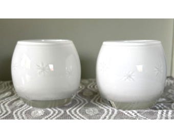 VTG Blown Glass Tealight Holders Set of 2 Frosted White Starburst Etched Poland