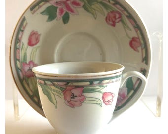 Vintage Art Deco Teacup Saucer Set Floral Pastel Green Pink Gold Trim Porcelain