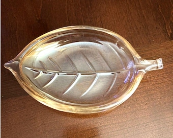 VTG Leaf Shaped Dish Amber Rim Pressed Glass Candy Dish Trinket Bowl Mid Century