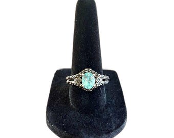 Sterling Silver Blue Topaz Style Ring Marcasite Accents VNT Art Deco Look Size7