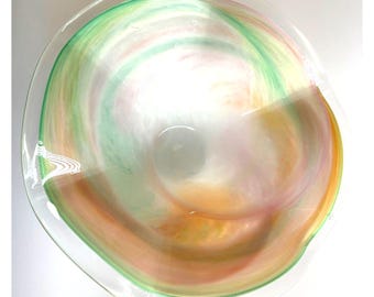 VTG Hand Blown Art Glass Bowl Pastel Swirl Ruffled Edge Murano Style 12