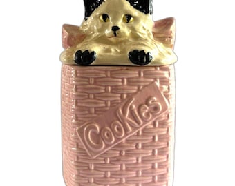 VTG McCoy Cookie Jar Cat in Basket Pink Wicker USA Pottery Kitten Lid 1940s 50s