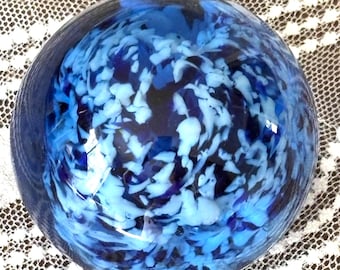 VTG Art Glass Paperweight Cobalt Blue White Confetti Hand Blown Studio Decor
