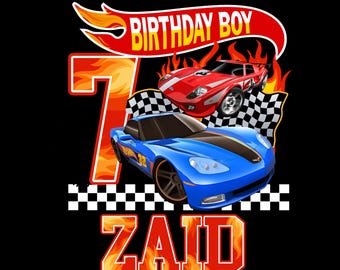 Race Car 7th Birthday Boy Shirt Design, Fast Racing Theme Number 7 Party PNG, Custom Name Printable Sublimation File png