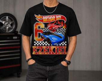 Race Car 6th Birthday Boy Shirt Design with Flaming Number Six and Custom Name PNG