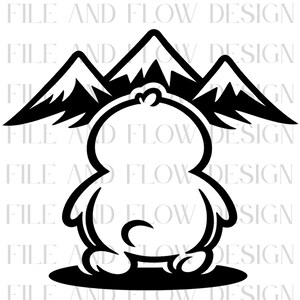 May include: Black and white graphic of a bear-like figure with mountains above. The bear is facing away, with rounded features and a small tail. The text "FILE AND FLOW DESIGN" is in the background.
