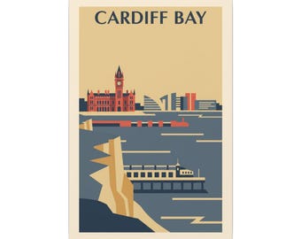 Cardiff Bay view from Penarth Retro Travel Poster Canvas