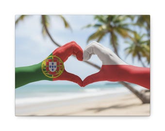 Portugal & Polish Flag Heart Canvas Print Beach-Inspired Matte Stretched Wall Art