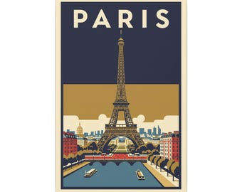 Paris Vintage Eiffel Tower Matte Canvas Wall Art Stretched Travel Poster