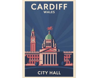 Cardiff City Hall Matte Canvas Wall Art Vintage Wales Travel Poster