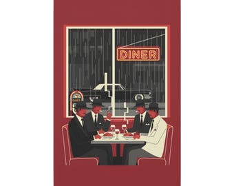 Retro Diner Canvas Print Vintage Rainy Night Illustration