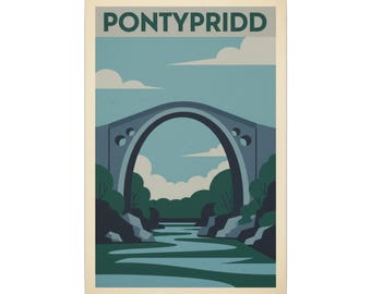 Pontypridd Bridge Matte Canvas Wall Art Vintage Travel Poster Print