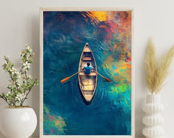 Rowing Boat Aerial Print A4 | Colourful Water Reflection Wall Art | Man in Boat Poster | Surreal Ocean Decor | Unique Home Gift