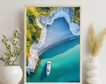 Aerial Coastal Cove Print A4 | White Cliffs Turquoise Sea Wall Art | Yacht Photography Poster | Ocean Decor | Holiday Home Gift